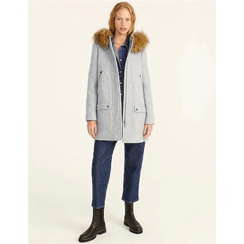 J. Crew Chateau Parka Italian Stadium Cloth Wool Gray Hooded Jacket Size 2 TALL
